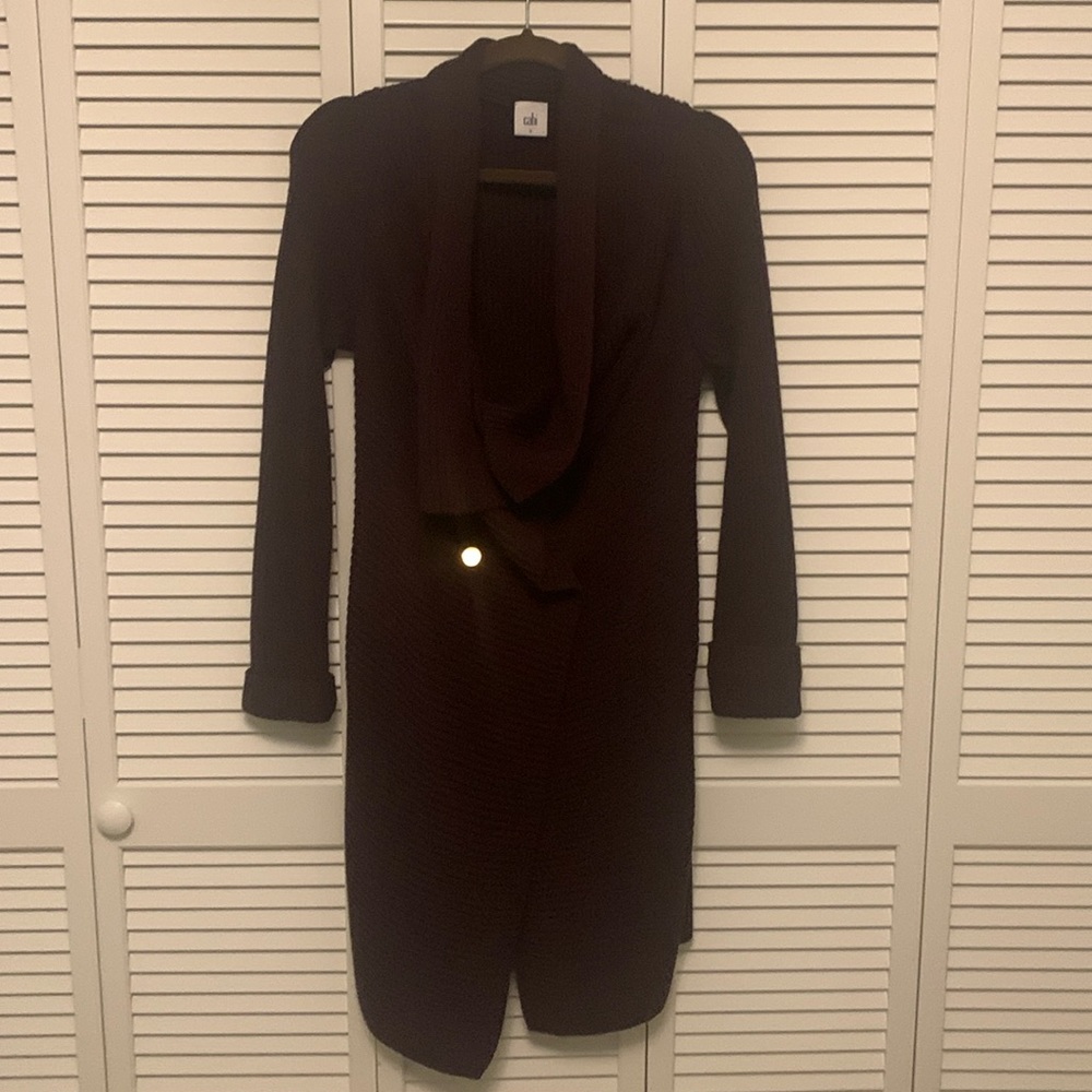 CAbi Small long wrap sweater, aubergine color mixed fibers and cuddly soft